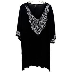 Amiani Black Floral Embroidered V-Neck Swim Coverup Large Boho Short Sleeve NWOT